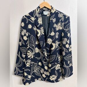 Women’s Alfred Dunner Navy Floral Blazer Size 14 VNeck Button Down Shoulder Pads